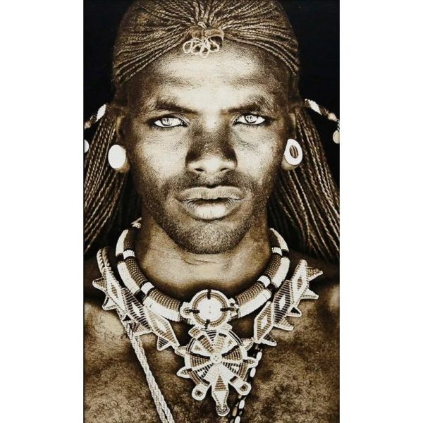 Gobelin geweven wandtapijt 120/180 Samburu Warrior Kenya WH1615 uitgerekt op een draagbalk
